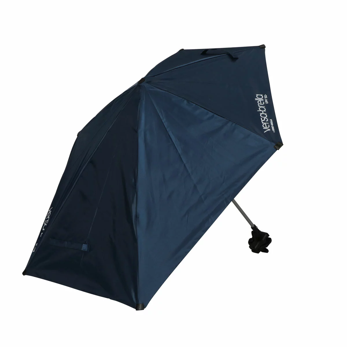 Compact blue Sport-Brella Versa-Brella personal umbrella with silver heat-reflective lining clamped securely to the armrest of an outdoor folding chair on a sunny day.