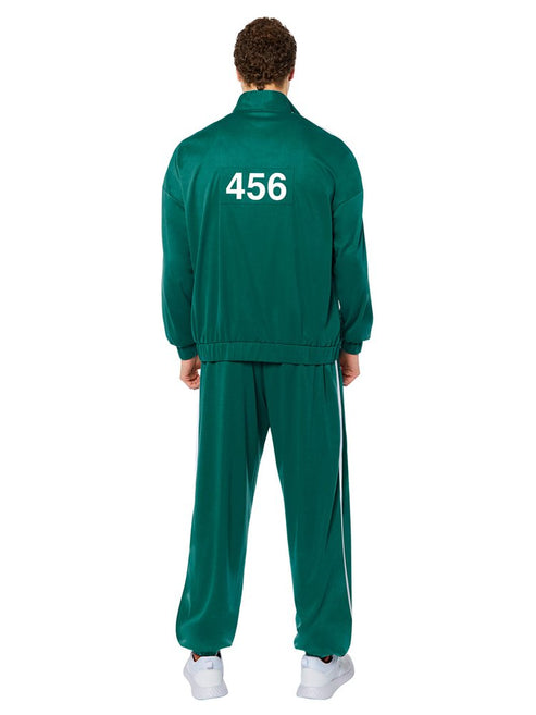 Front view of the green Squid Game contestant costume with white chest numbers and zip jacket on display.