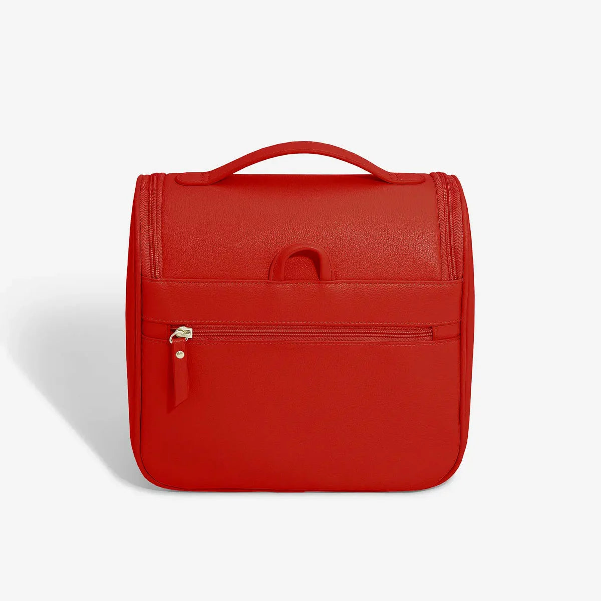 Stackers Large Hanging Washbag in red vegan leather, shown open to display its internal compartments, hanging hook, and the removable clear pouch.