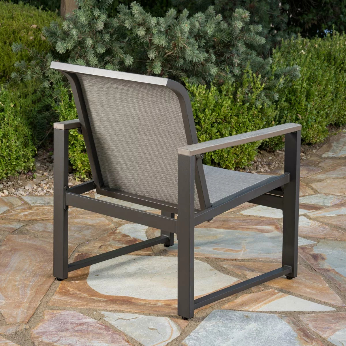 SunVilla Helio 3-Piece Bistro Set featuring modern aluminium frames and grey Phifertex sling fabric on a sunlit patio.