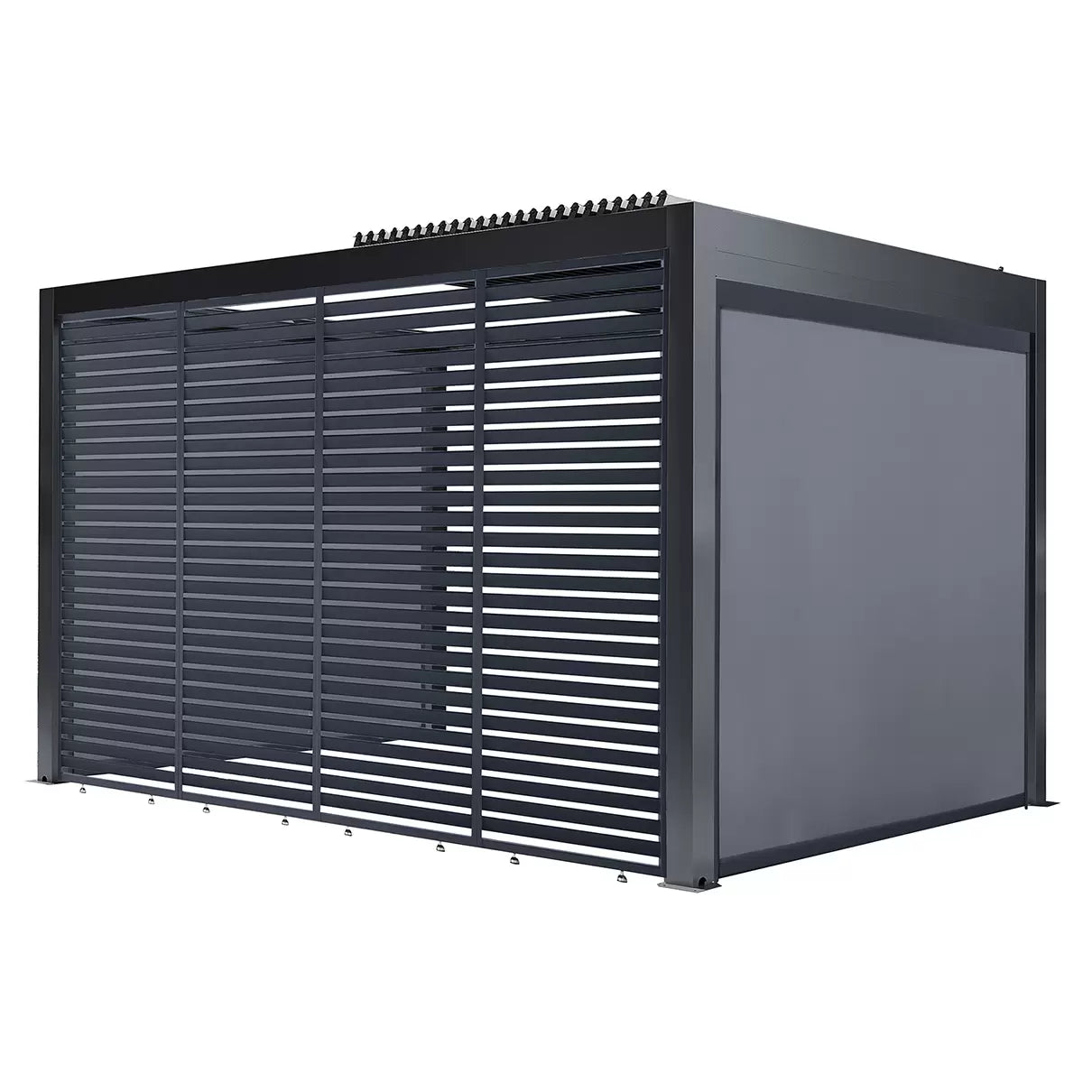 Sunvilla 7ft 6in by 12ft 2in fixed louvered wall panel installed on a modern outdoor patio structure from Elite Store.