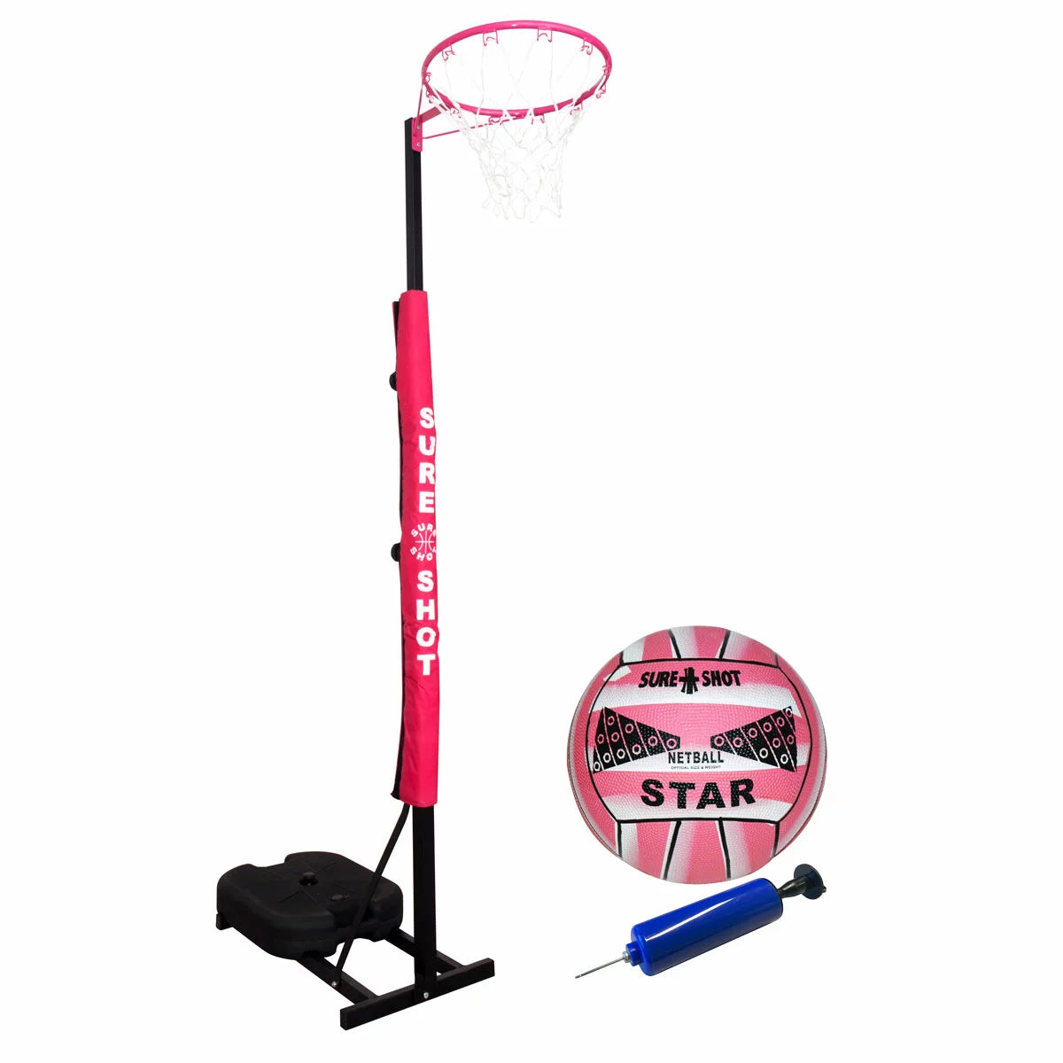 Sure Shot 9ft Prime Shot Junior Netball Goal Pink/Grey | Safe Adjustable Play | Kids 5–12 Years