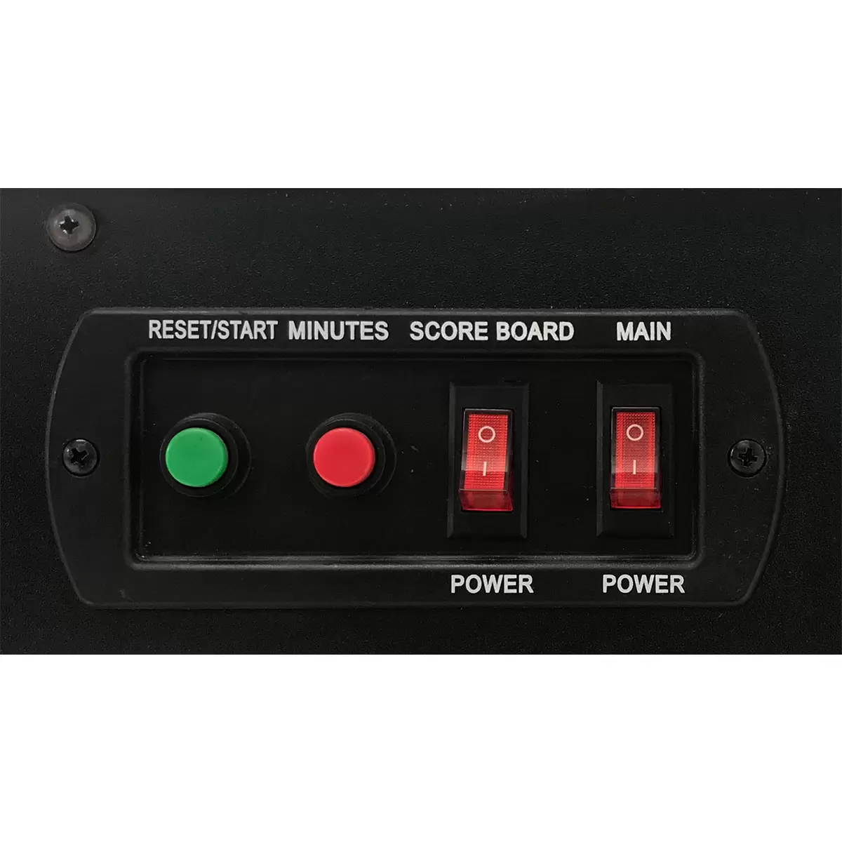 Full view of the black and silver Sure Shot Championship 7ft Air Hockey Table standing on thick braced legs, showing its illuminated white playing surface and overhead electronic scoring arch.