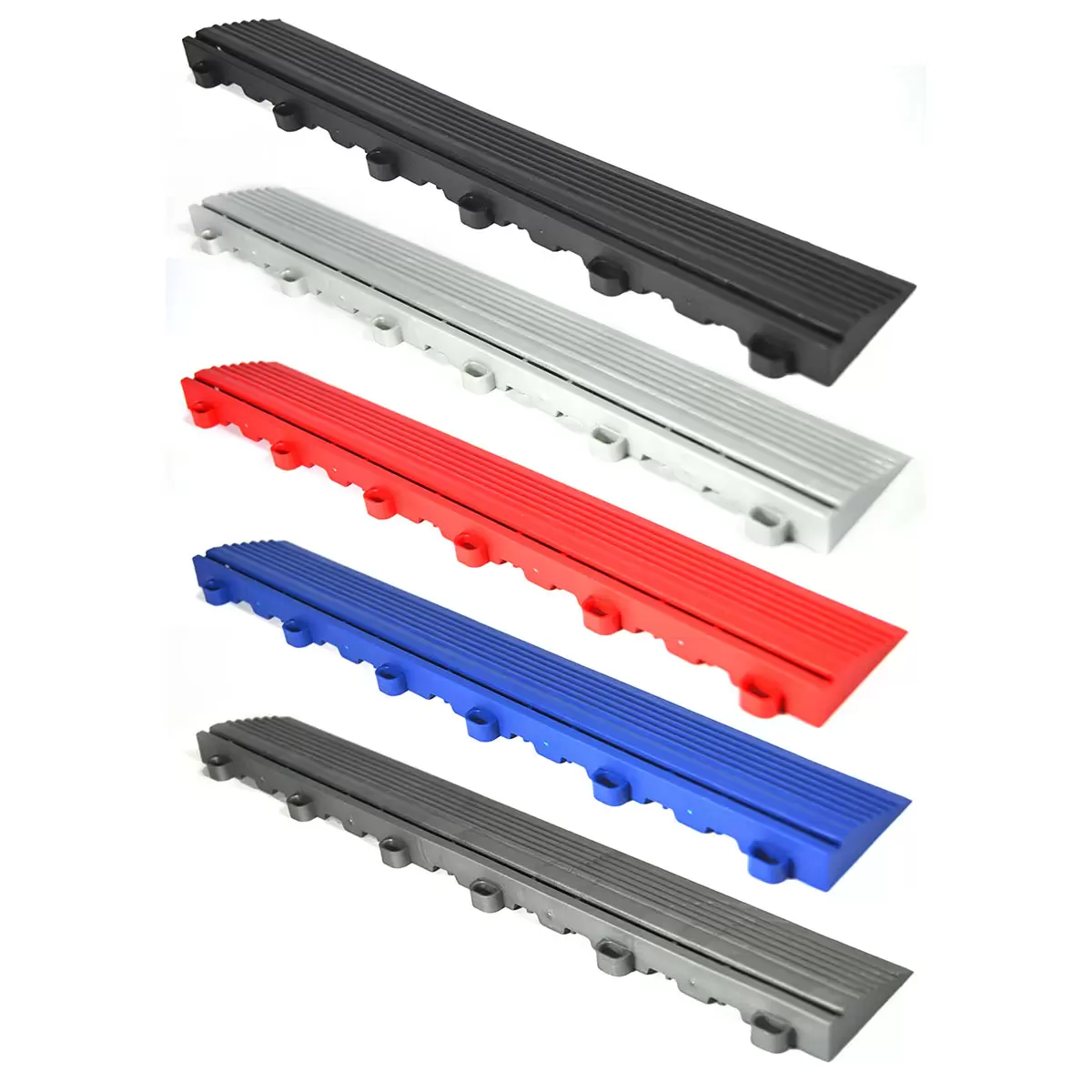 Side profile of four black Swisstrax Ribtrax Pro vented modular edge ramps attached to a raised garage floor at a roll-in entrance.