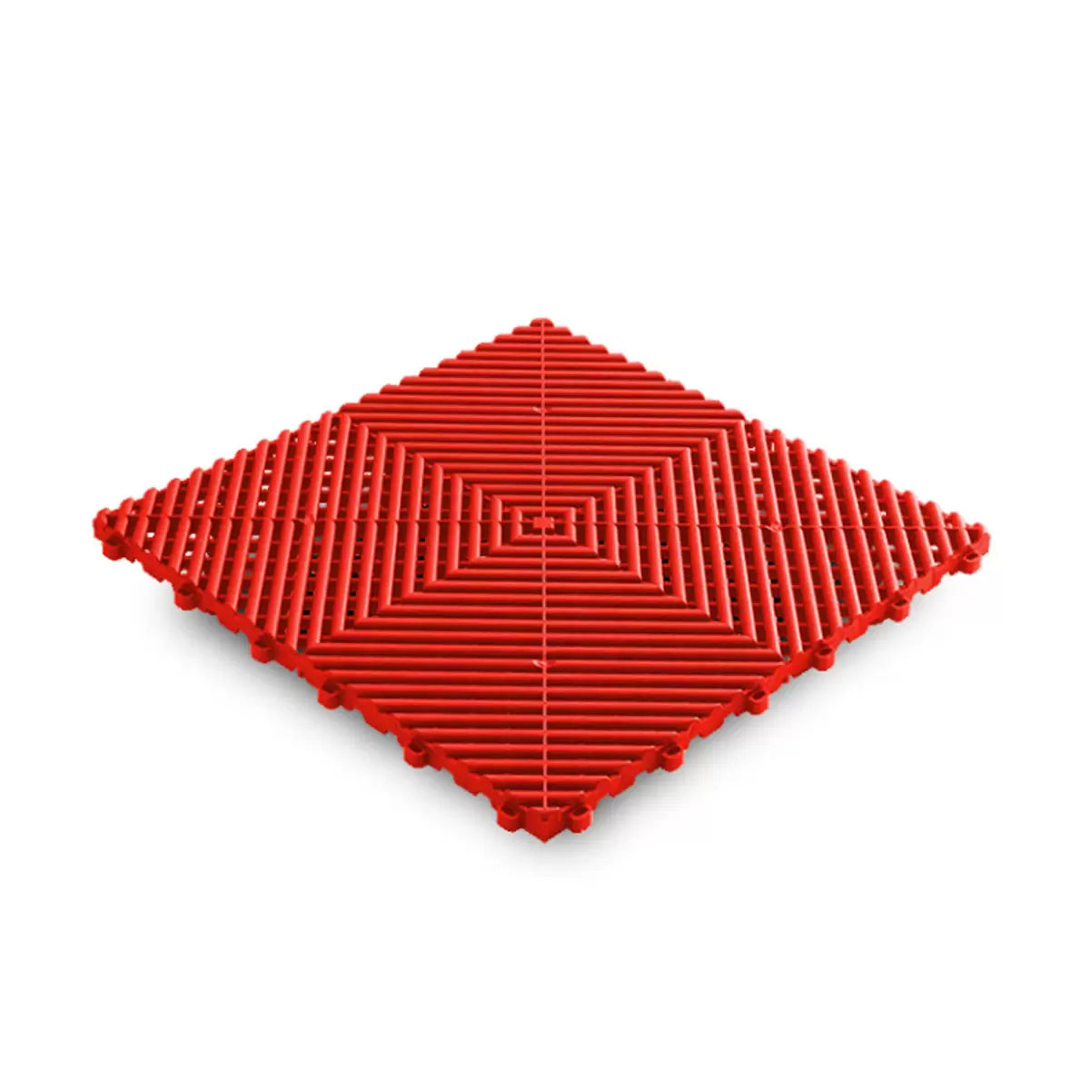 : Top-angle view of five different colored Swisstrax Ribtrax Pro vented modular 19mm interlocking garage tiles showing the peg-and-loop system on a concrete floor.
