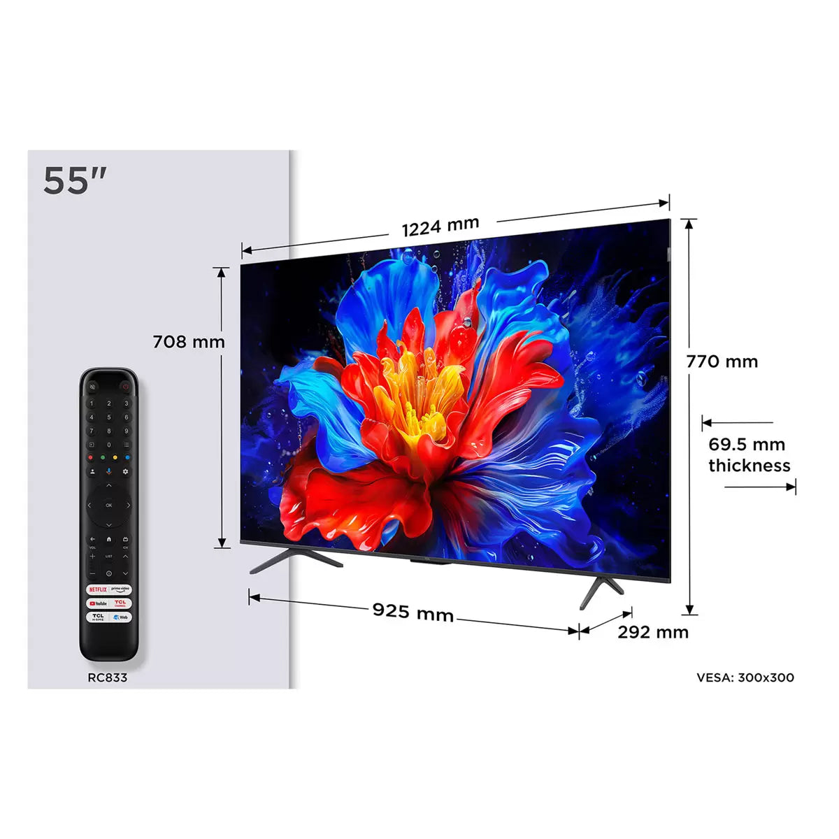 TCL 55 Inch QLED 4K Smart TV with vibrant HDR display and Smart TV streaming features TCL 55P8K-UK