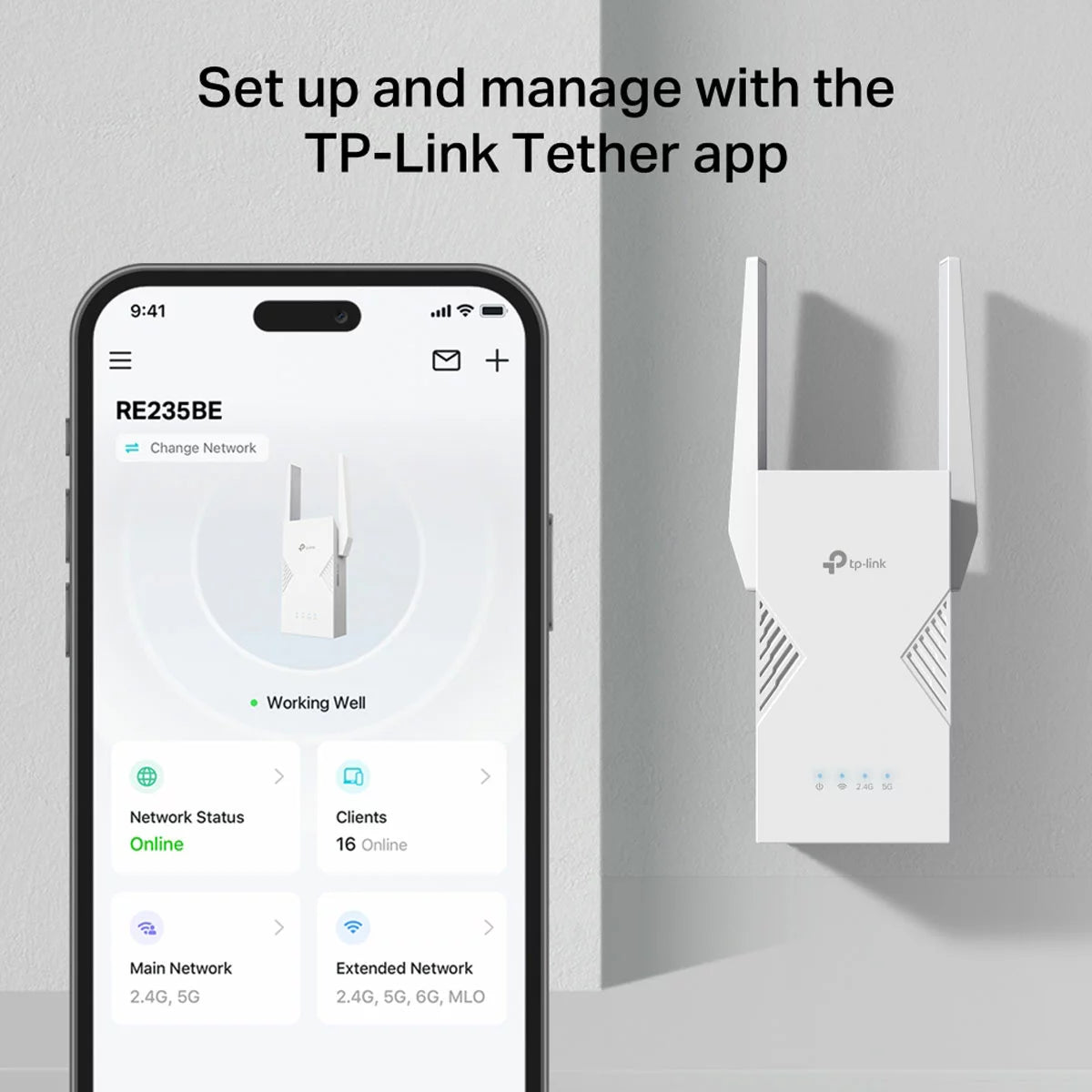 TP-Link RE235BE WiFi 7 dual-band range extender BE3600 boosting home internet coverage and signal strength/3