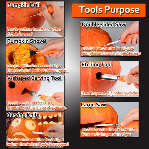 A 7-piece Taspire pumpkin carving tool kit featuring stainless steel saws, a scoop, and stencils arranged flat on a wooden tabletop next to an orange pumpkin.