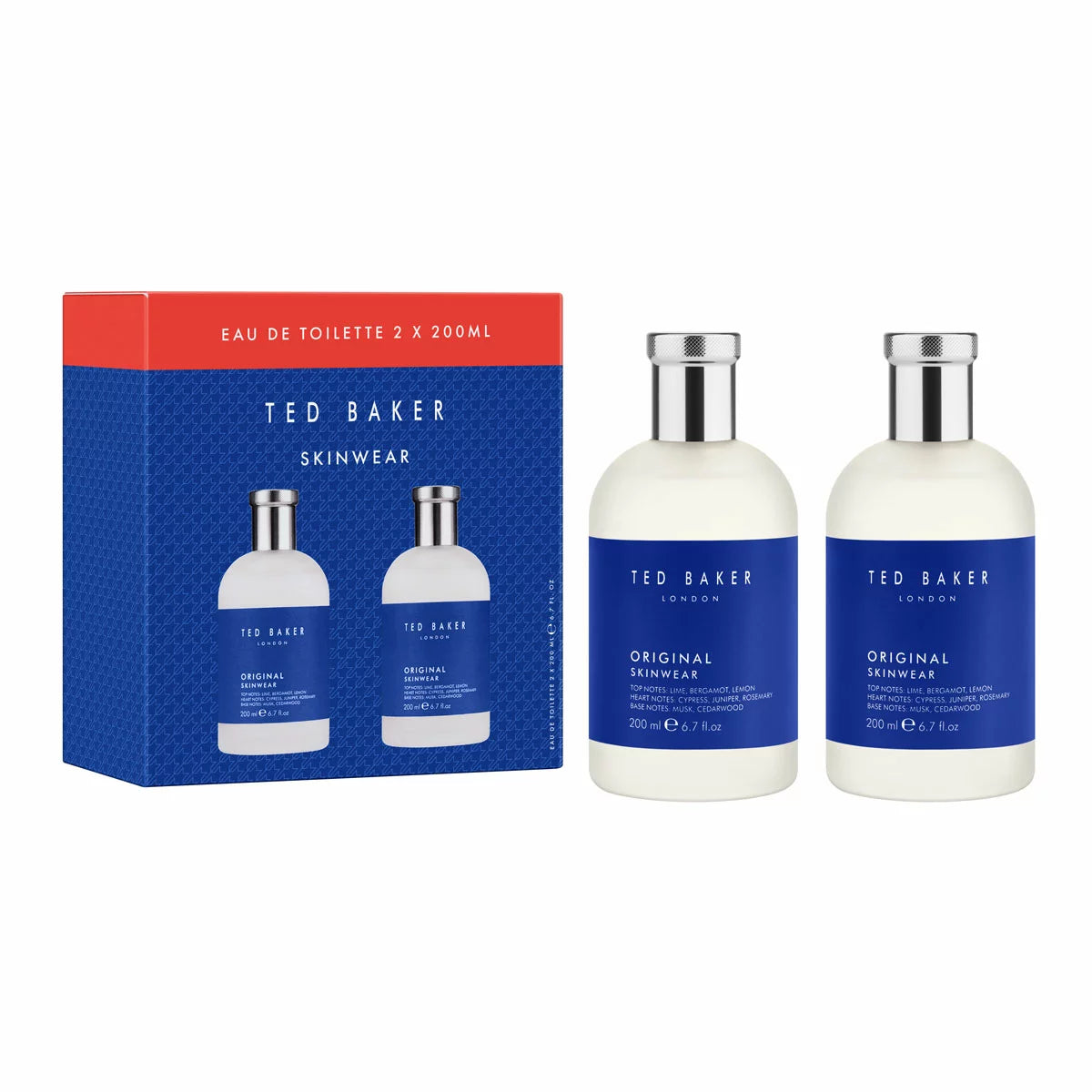 Two 200ml bottles of Ted Baker Skinwear Eau de Toilette displayed in their premium twin-pack presentation.