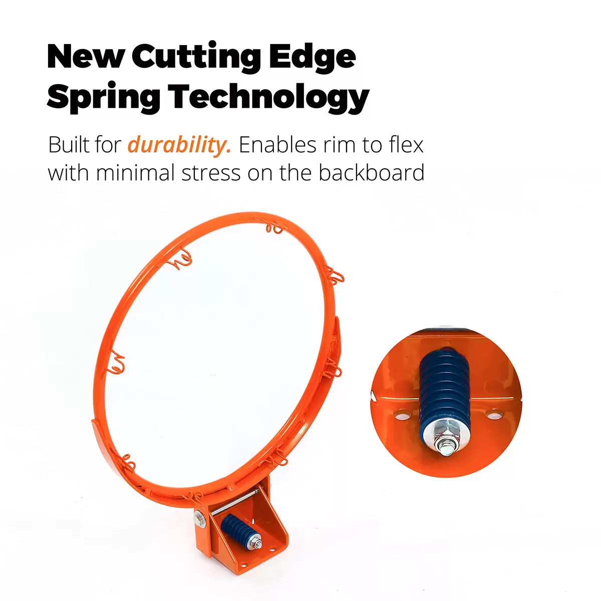 Close-up angled shot of the transparent Tekk Pro Mini Basketball Hoop mounted over a white door, showing the thick black foam backing pads and the bright orange steel breakaway spring rim.