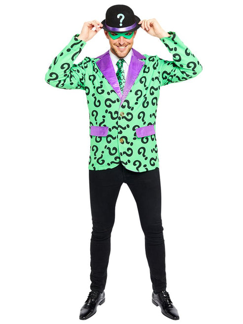Front view of a male model wearing a bright green Riddler suit covered in black question marks with matching eye mask against a neutral studio backdrop.