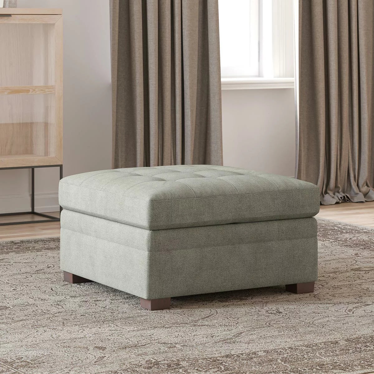 Thomasville Tisdale Beige Fabric Storage Ottoman with cushioned beige fabric top and hidden storage compartment in a modern living room