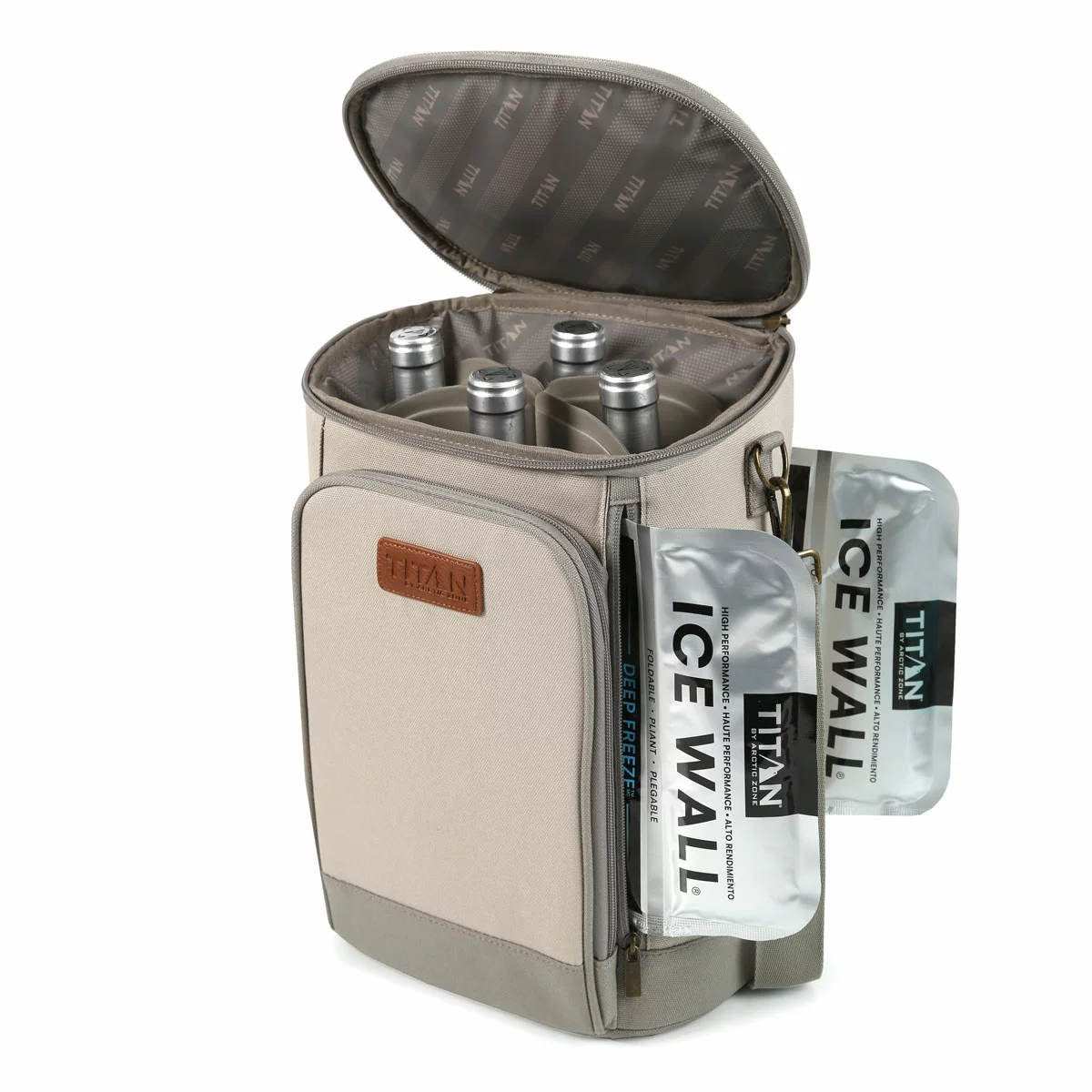 Three-quarter view of the slate grey Titan Insulated Beverage Tote with its lid zipped open, revealing two green Ice Walls and four divided compartments holding wine bottles.