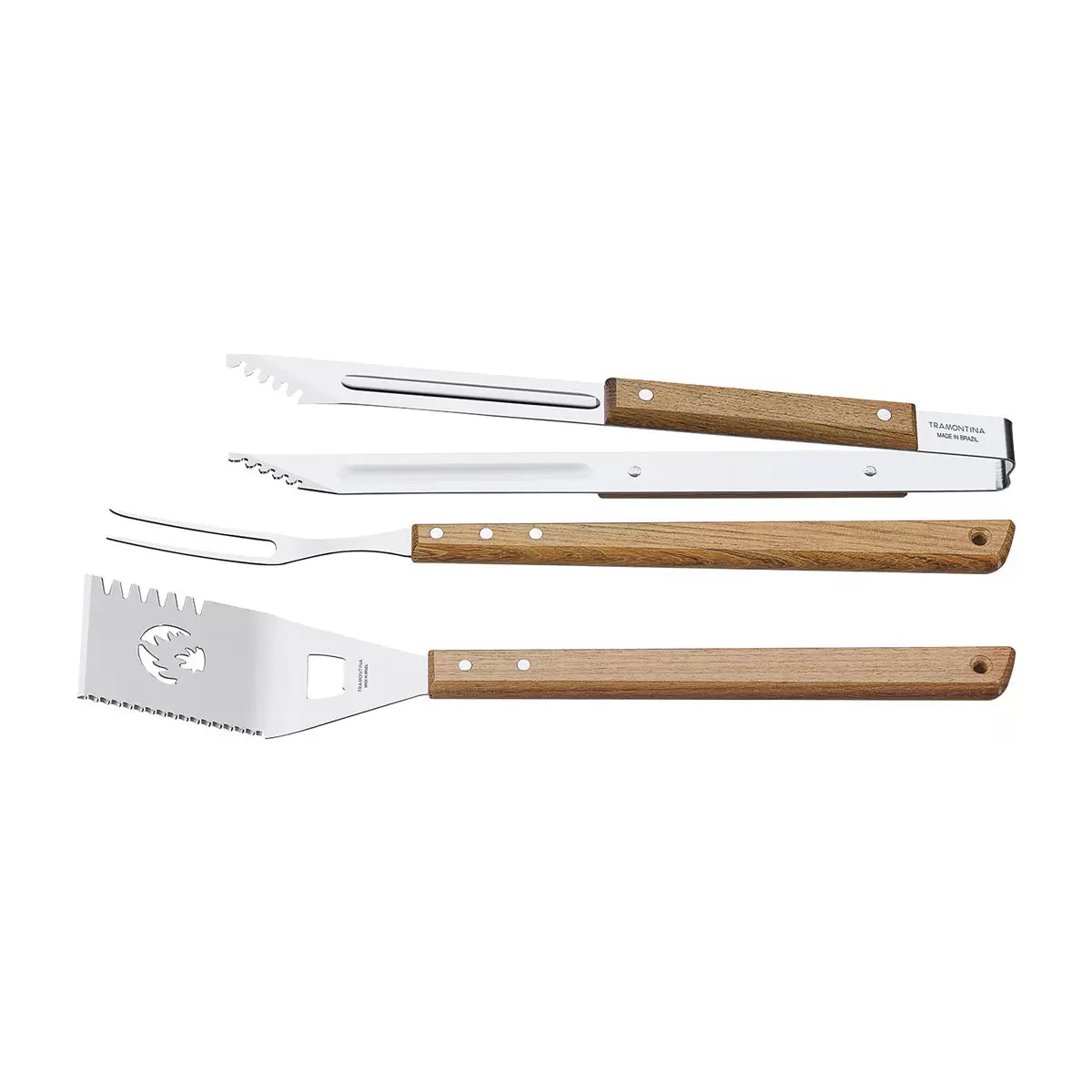 Tramontina 3-piece hardwood BBQ tool set featuring tongs, fork, and spatula with a bottle opener.