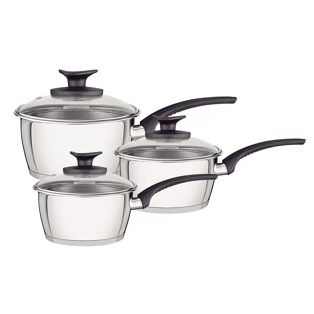 Tramontina 3 Piece Stainless Steel Saucepan Set for everyday cooking, boiling, simmering, and sauce preparation.