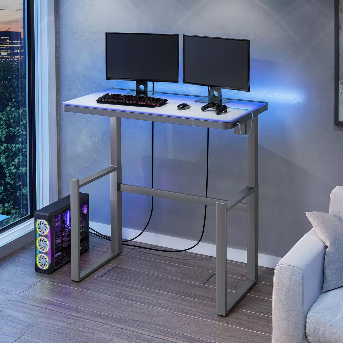 Tresanti Aurora power adjustable height desk with integrated LED lights and electric sit-stand functionality for home office use