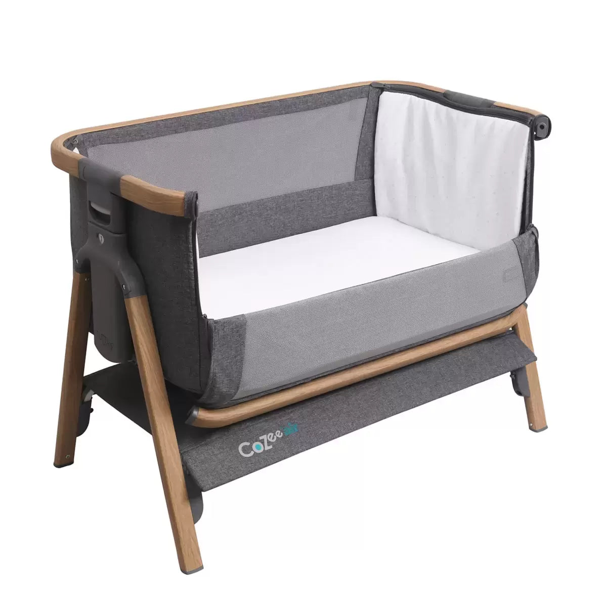 Tutti Bambini CoZee Air bedside rocking crib in oak and charcoal with breathable mesh sides for newborn sleep/5