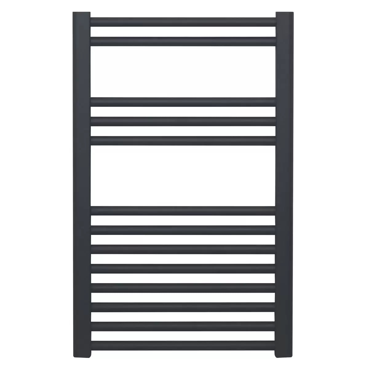 Front view of a chrome UltraHeat Eco Rail towel radiator with 13 horizontal bars mounted on a modern tiled bathroom wall.