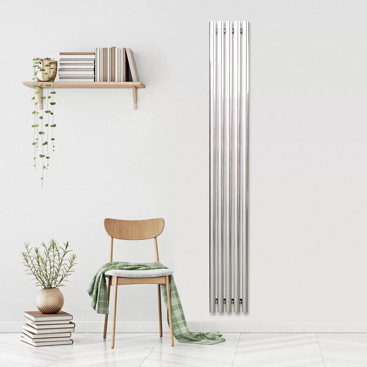 Front view of the Ultraheat Imperium chrome radiator with five straight rounded horizontal tubes mounted against a contemporary neutral bathroom wall.