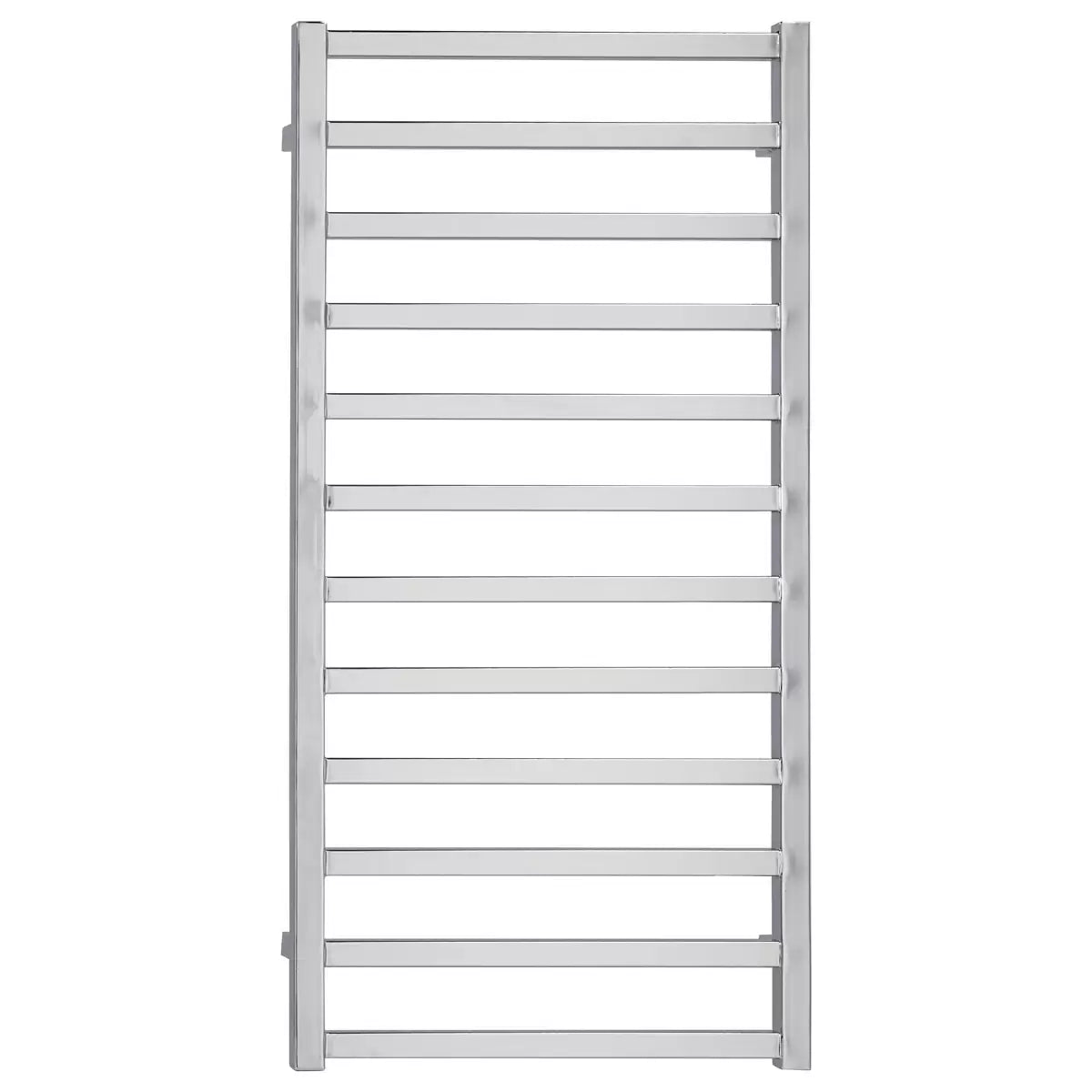 Front view of the Ultraheat Karnak chrome square ladder towel radiator mounted on a dark tiled bathroom wall with a folded grey towel.