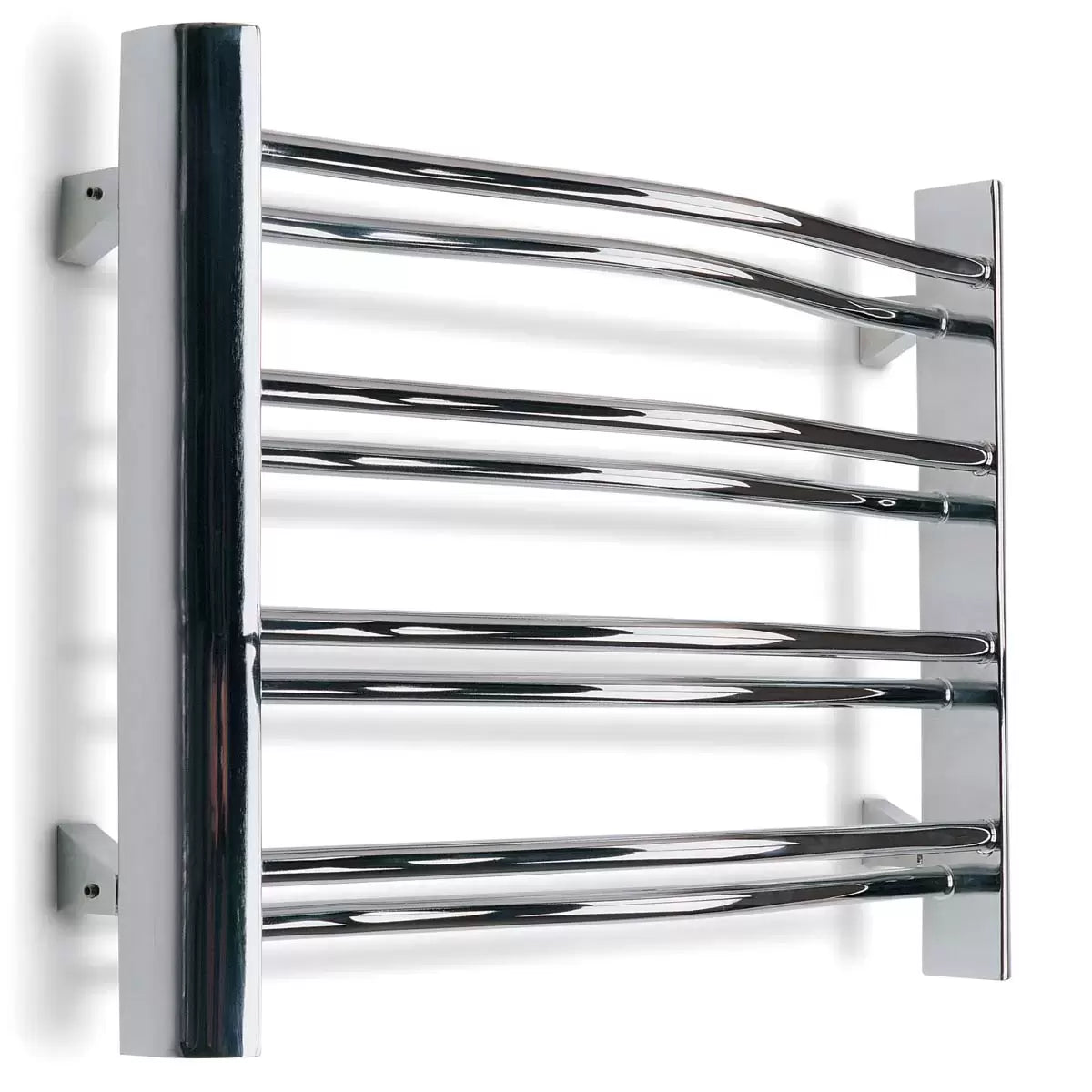 Front view of the Ultraheat Petit chrome radiator mounted on a neutral tiled en-suite wall, displaying eight polished horizontal towel rails.
