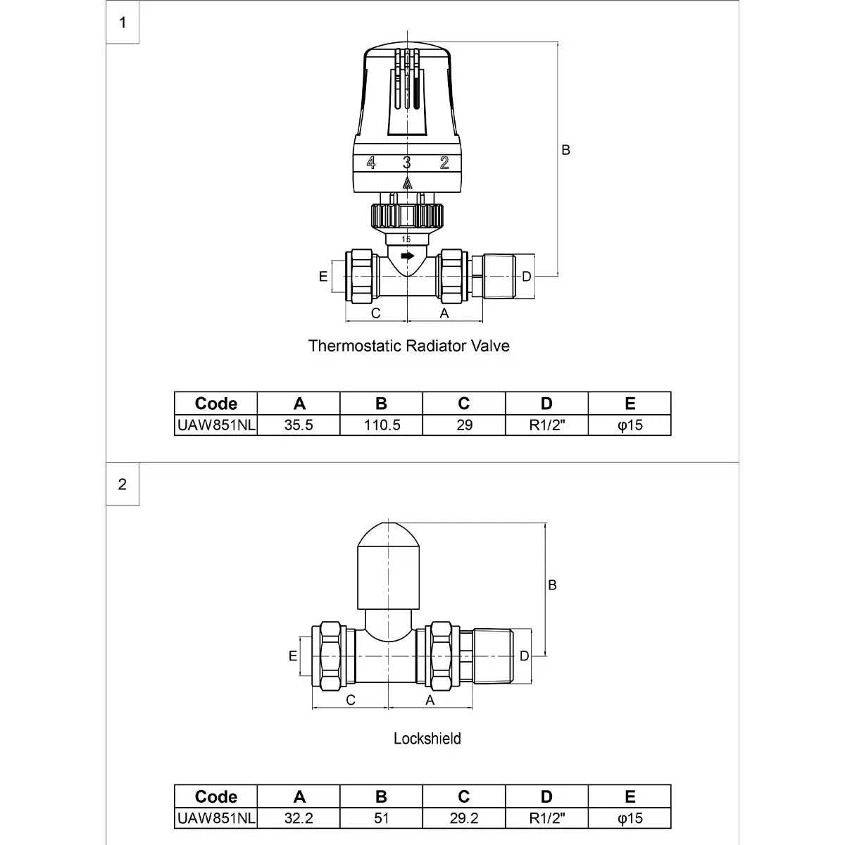 Front angle view of the Ultraheat straight thermostatic radiator valve and lockshield set featuring a polished chrome brass body, white TRV dial head, and 15mm pipe adapters on a plain background.
