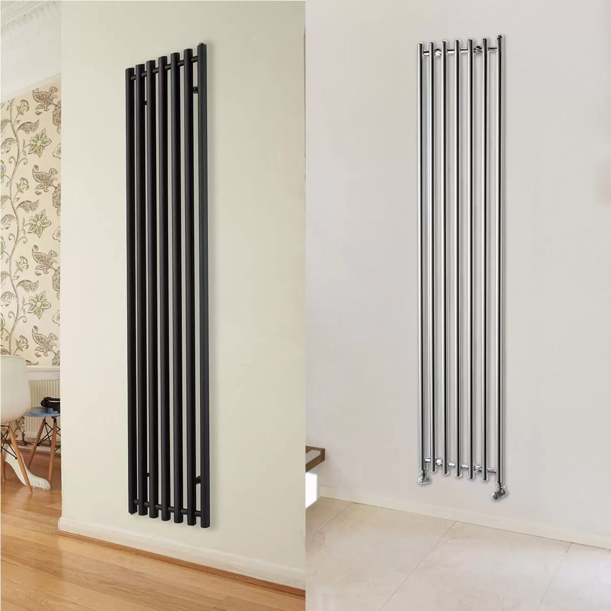 Front view of a tall, curved Ultraheat Trojan vertical radiator in a contemporary living room setting.