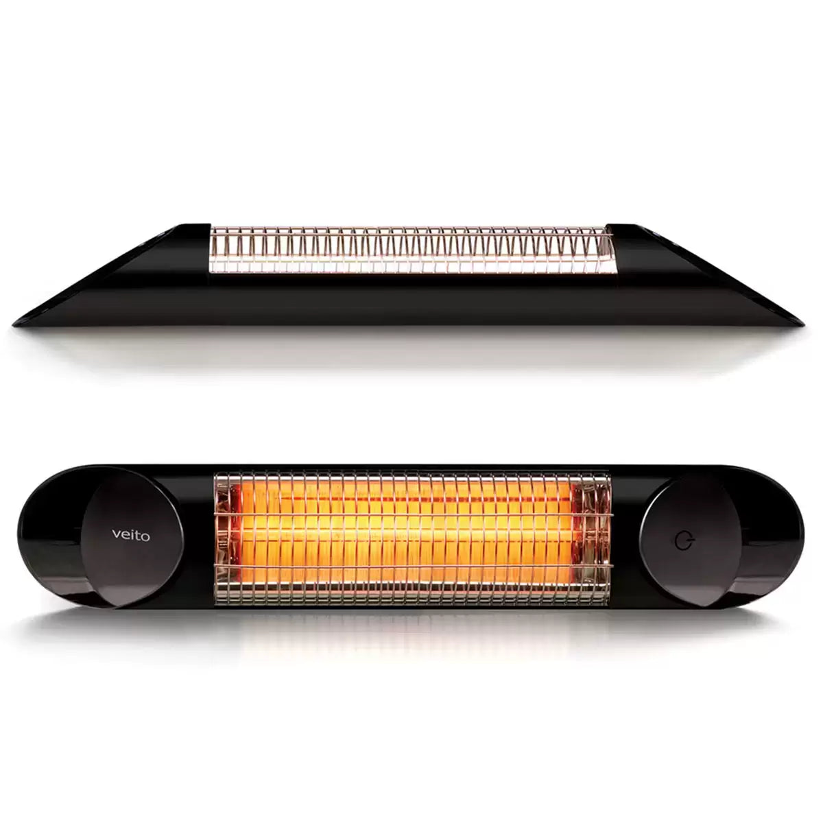 Veito Blade Mini black carbon infrared heater mounted on a modern outdoor patio wall.