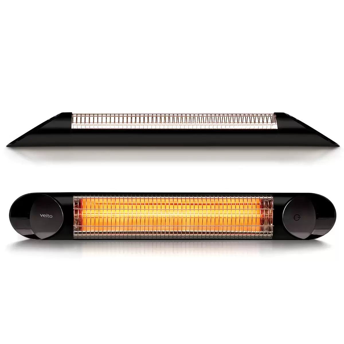 Veito Blade S2500 Carbon Infrared Heater in black mounted on a wall, providing efficient warmth to an outdoor patio seating area.