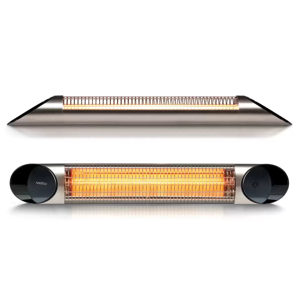 Veito Blade S2500 Carbon Infrared Heater in silver mounted on a wall, providing efficient warmth to an outdoor patio seating area.