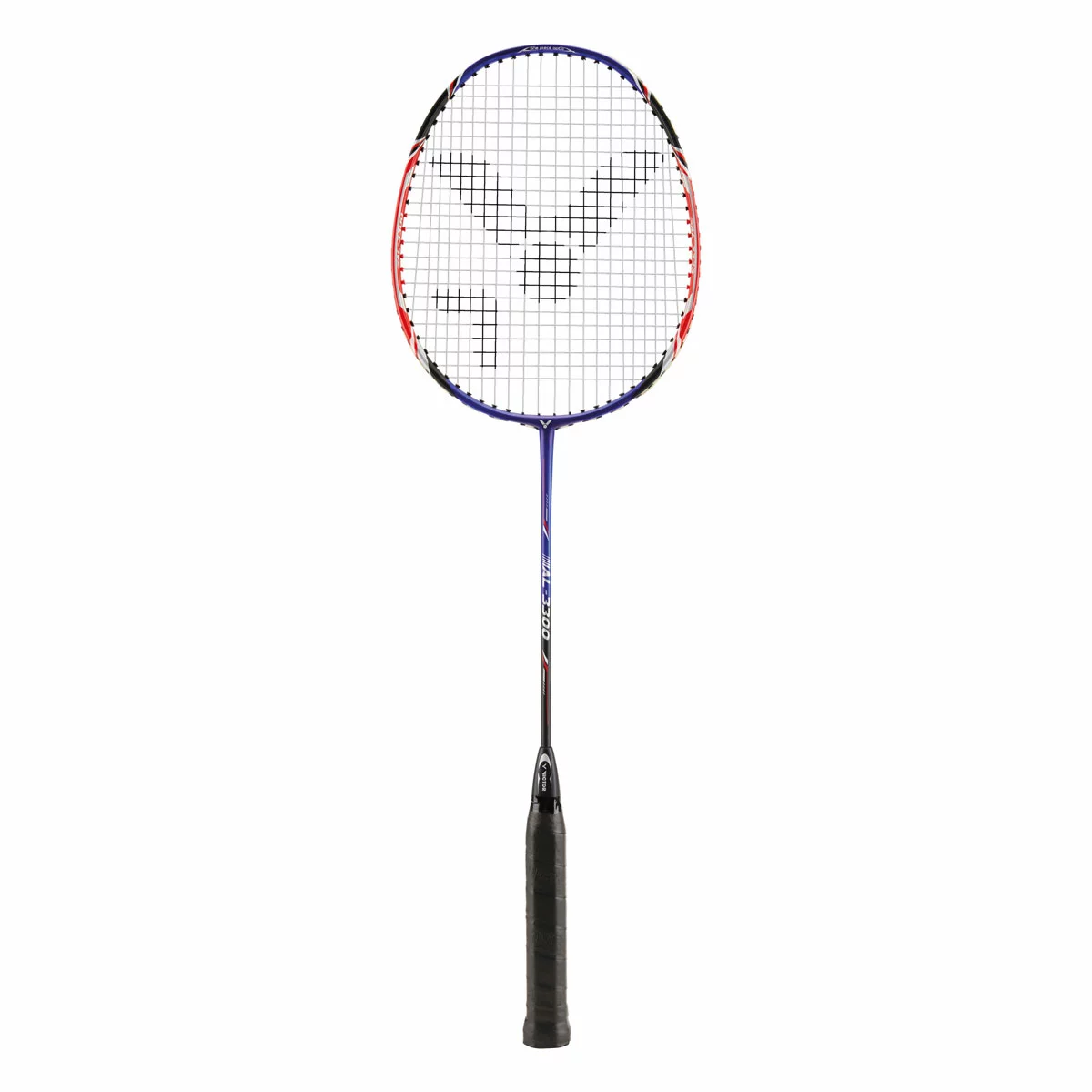 Victor AL-3300 two-player badminton set in red and blue displayed alongside two padded carrying cases and a tube of white nylon shuttlecocks on a indoor court floor.