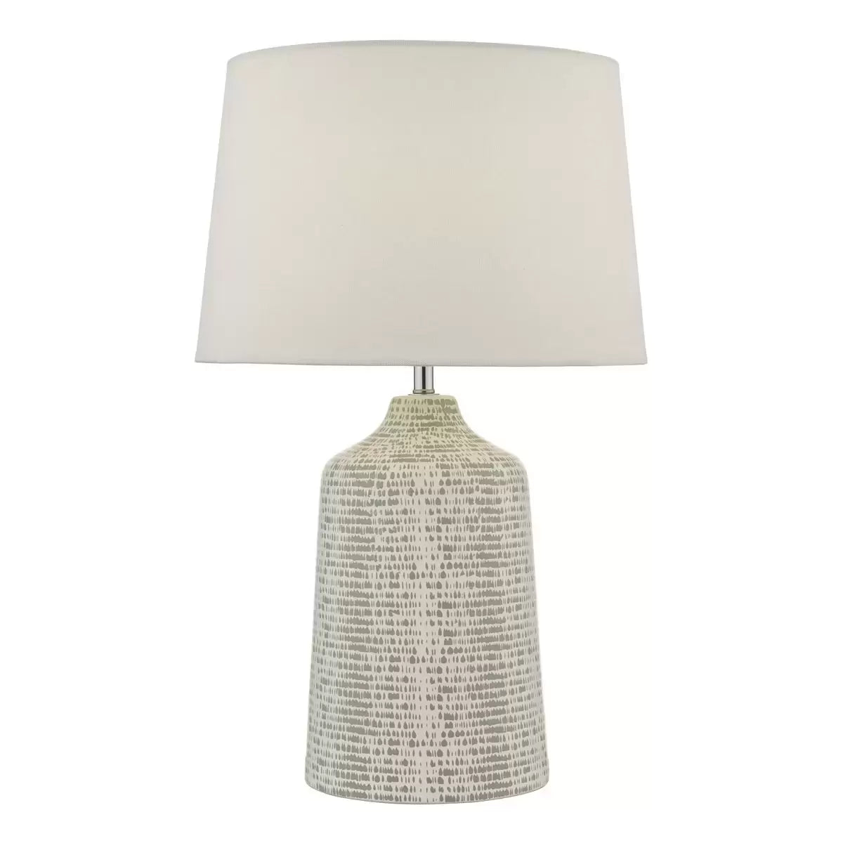 Front view of the Vondra ceramic table lamp showing its abstract hand-glazed grey and white ceramic base and textured ivory linen shade on a light oak bedside table.