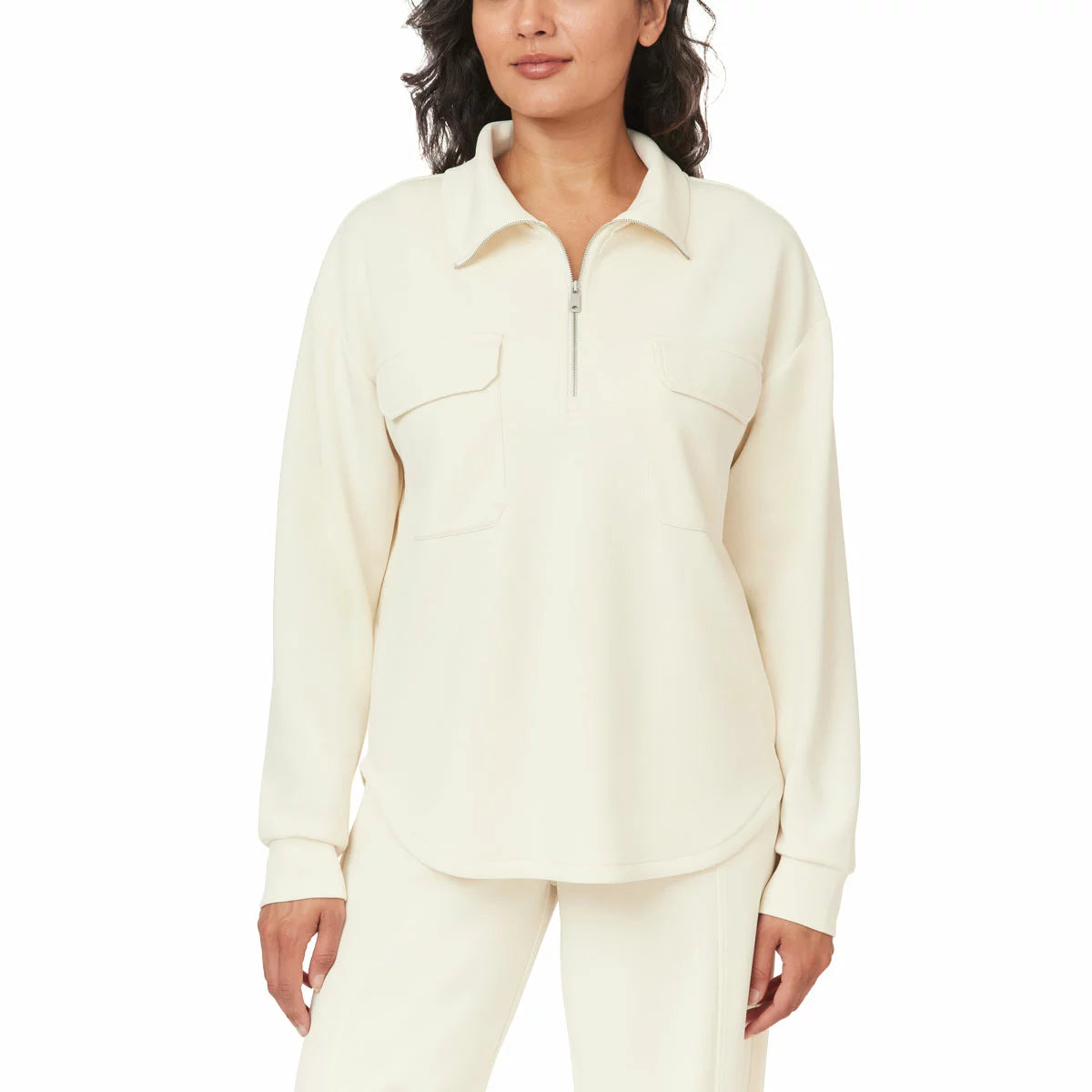 Front view of the Scotch & Soda Ladies 1/2 Zip Shirt in soft rose fabric showing the drop shoulders and utility chest pockets.