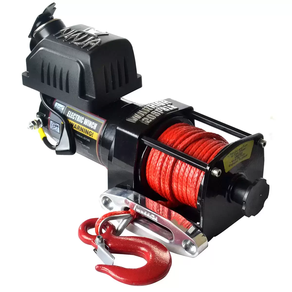 Side profile of the compact black Warrior Ninja 2000 synthetic rope electric winch, showing its silver aluminium fairlead and blue synthetic line mounted on a trailer bed.