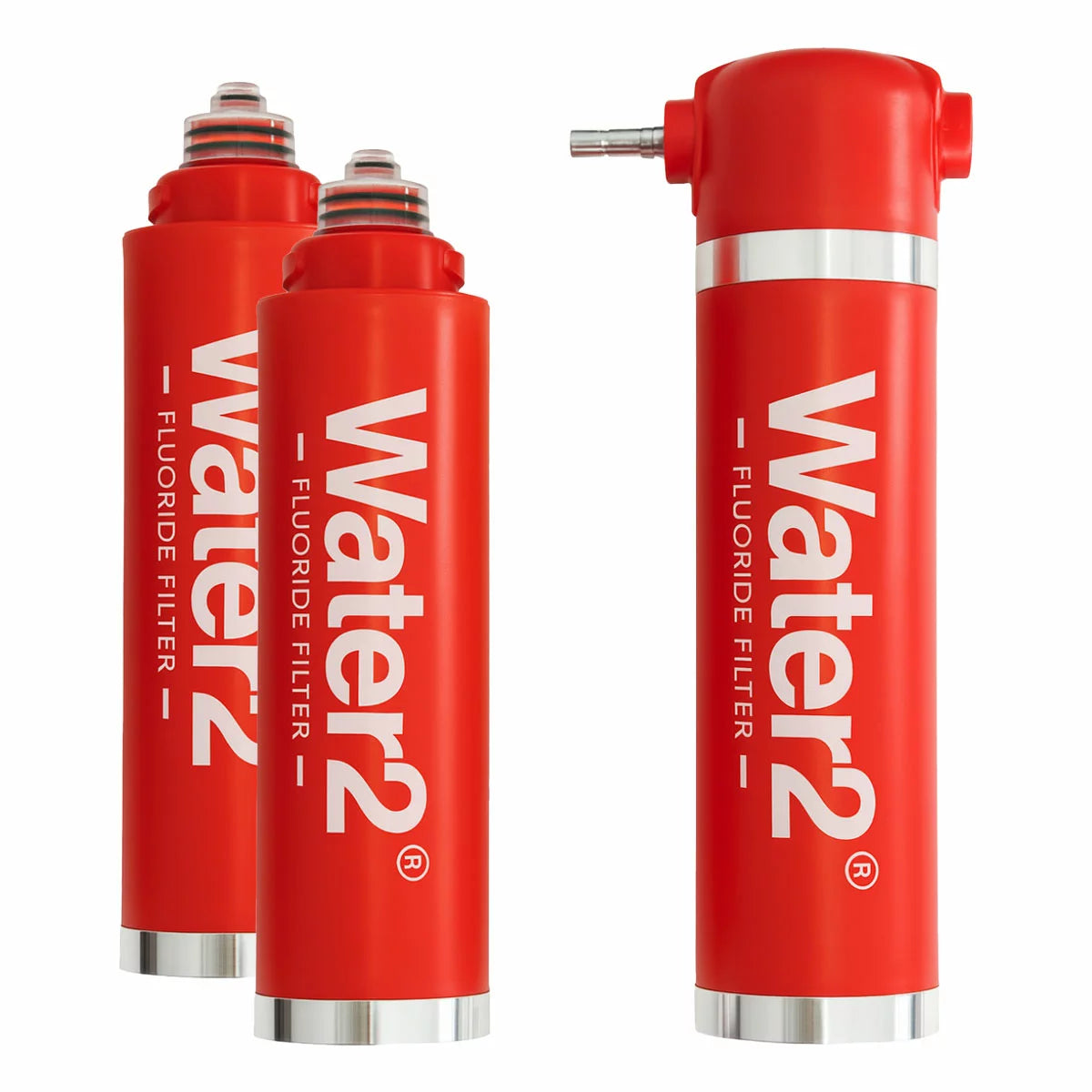 Dual white Water2 fluoride filter canisters with a black smart buzzer accessory arranged neatly on a modern kitchen countertop.