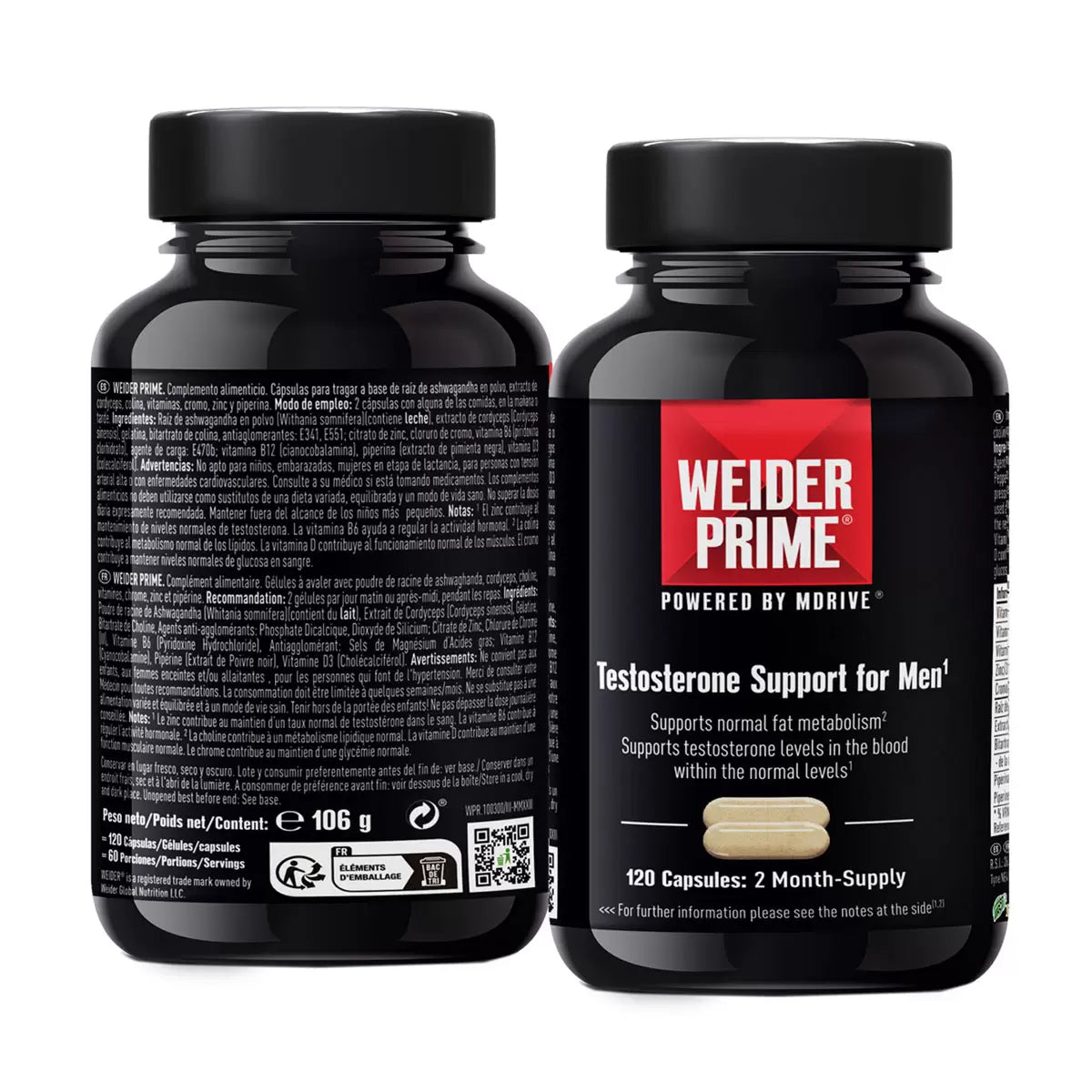 Weider Prime Testosterone Support for Men 120 count men's wellness supplement capsules for active lifestyle support