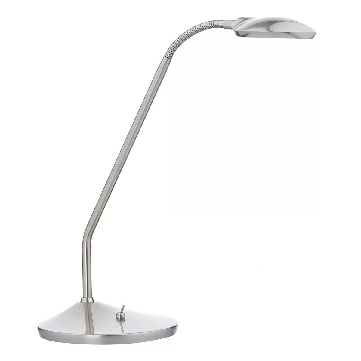 A modern Wellington satin chrome LED task table lamp with an adjustable neck bent forward on a clean wooden desk, showcasing its bright 3000K light beam.