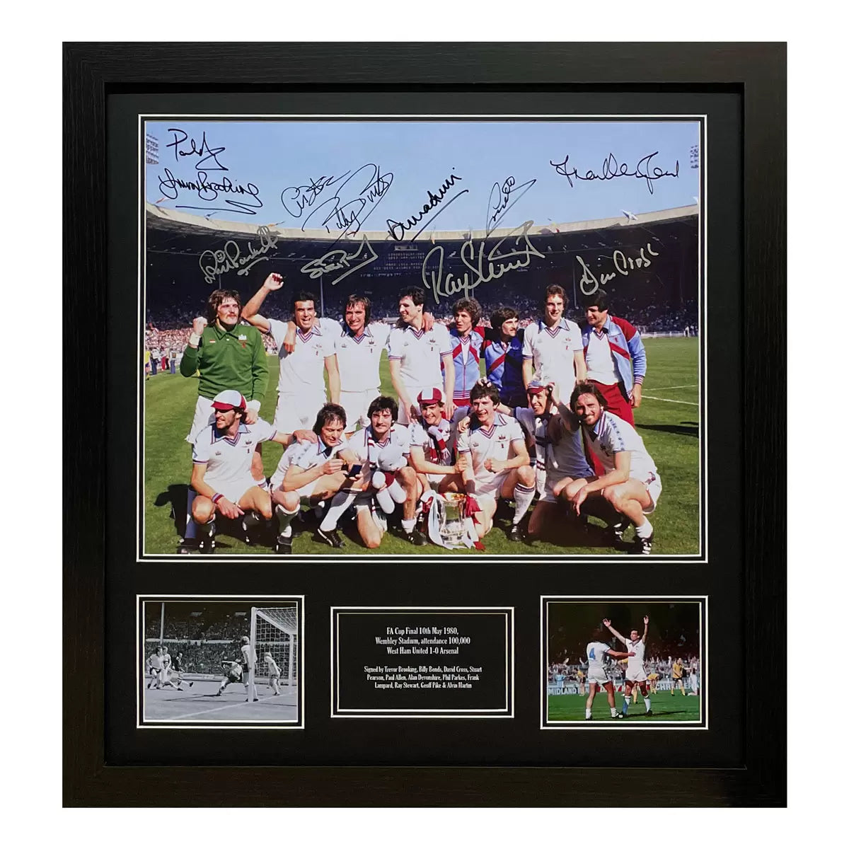 A professionally framed black and white photograph of the 1980 West Ham United FA Cup winning squad, featuring clear signatures from the entire starting 11.