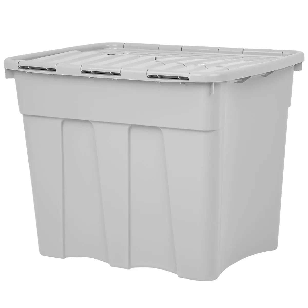 Pair of stacked Wham 80 litre grey croc storage boxes with interlocking lids and bottom wheels on a clean studio floor.