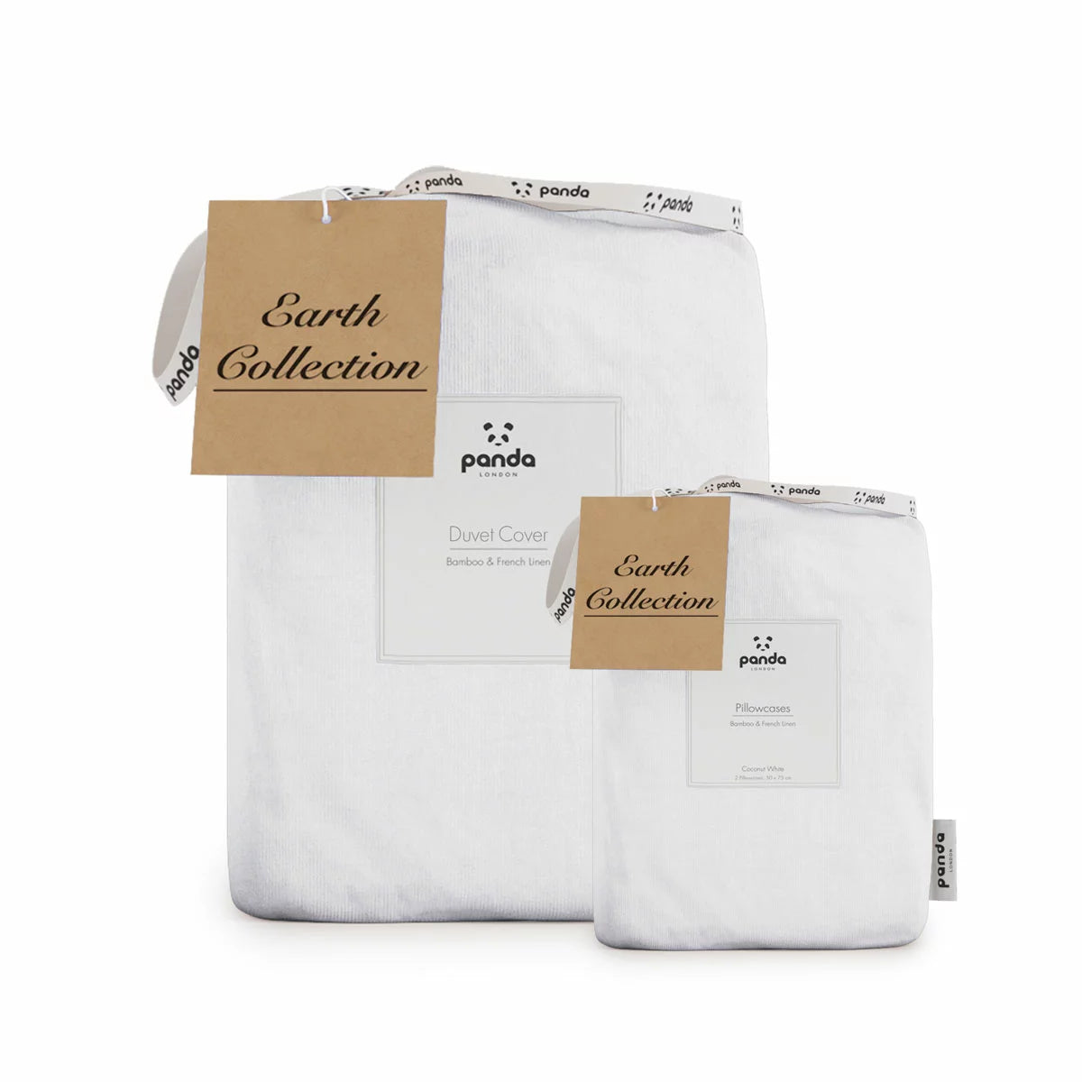 Panda White Bamboo and French Linen Duvet Cover Set on a bed featuring crisp matte texture, Oxford pillowcase edges, and raw bamboo buttons.