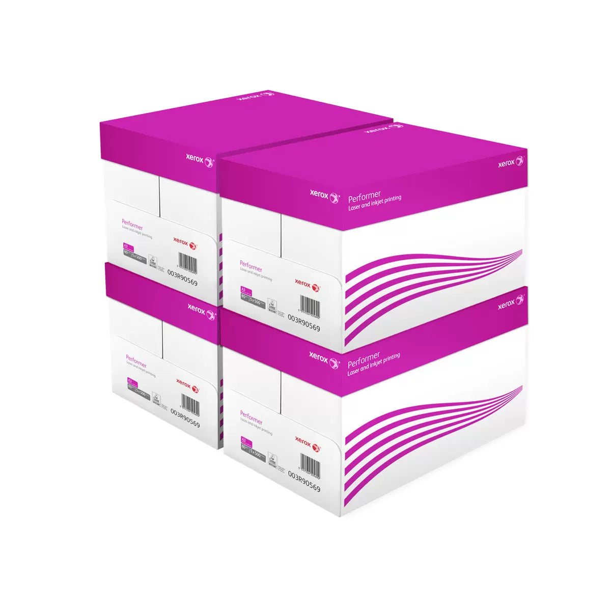 A professional stacks four robust boxes of Xerox Performer A3 white paper neatly on a wooden storage shelf inside a brightly lit corporate mailroom.