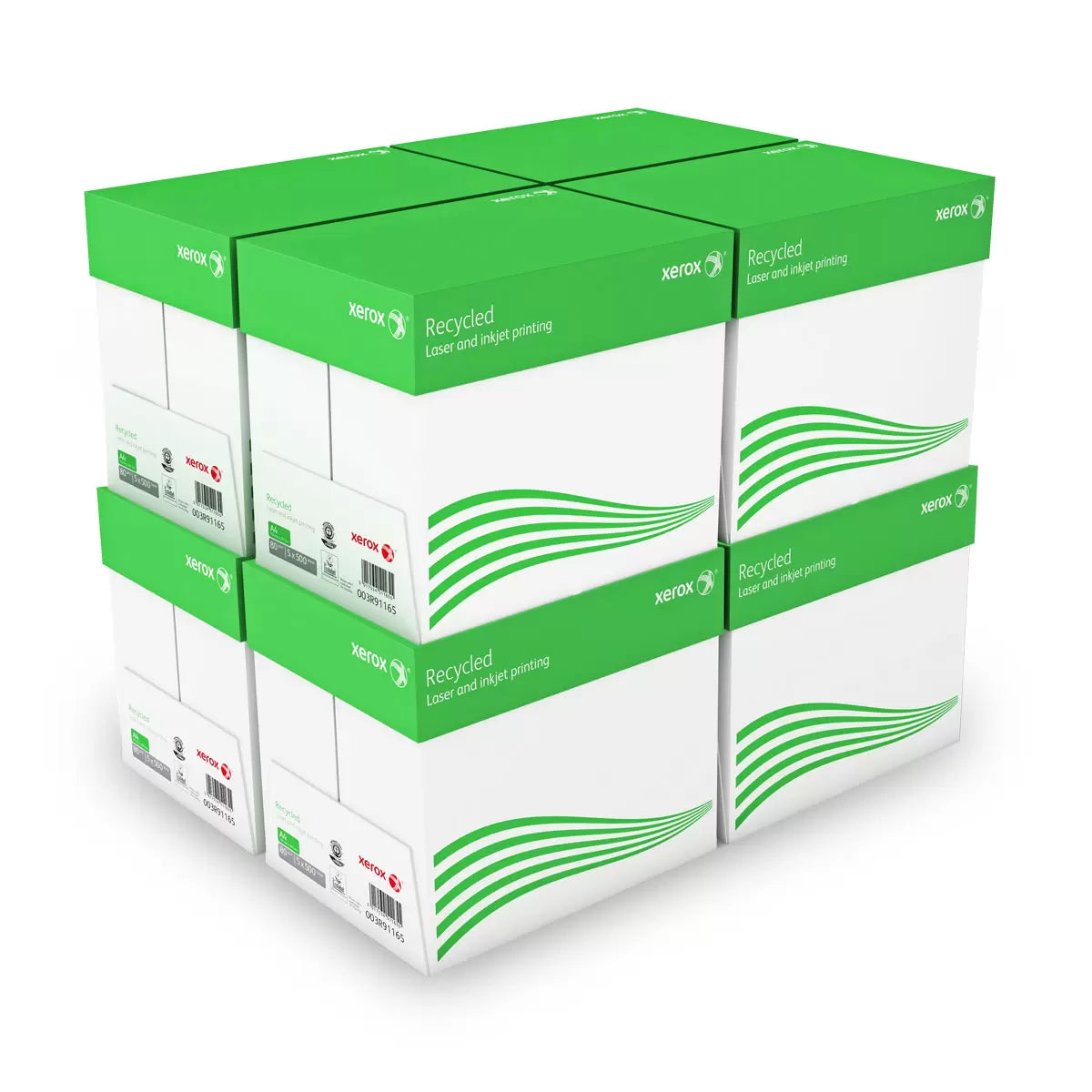 A stack of eight brown recycled cardboard boxes containing forty individual reams of Xerox Recycled A4 80gsm paper arranged neatly on an office supply shelf.
