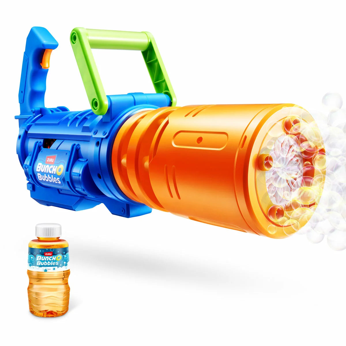 A child holding a blue and orange ZURU Bunch O Bubbles Spinning Barrel Blaster emitting a massive cloud of bubbles.