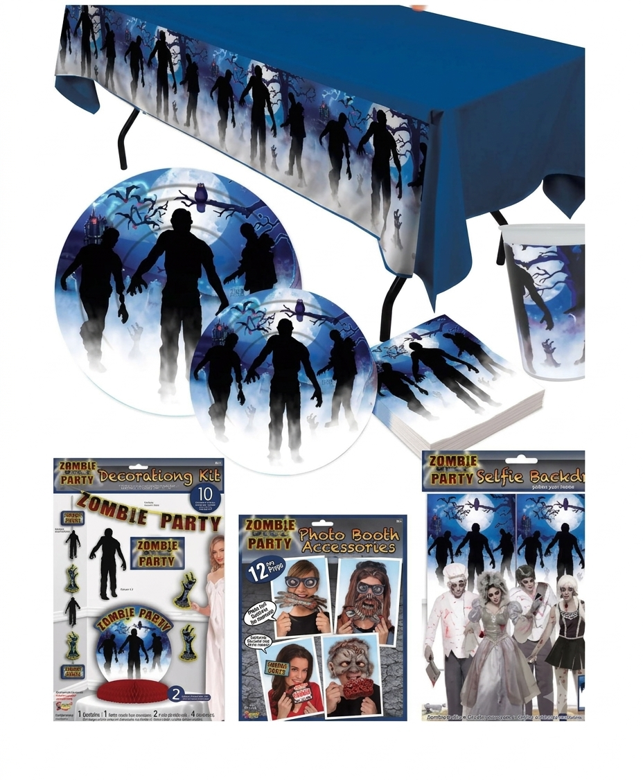 Flat lay arrangement of a 10-piece zombie-themed Halloween party set featuring bloody handprint plates, dark cups, napkins, and a protective table cover on a dark wooden surface.