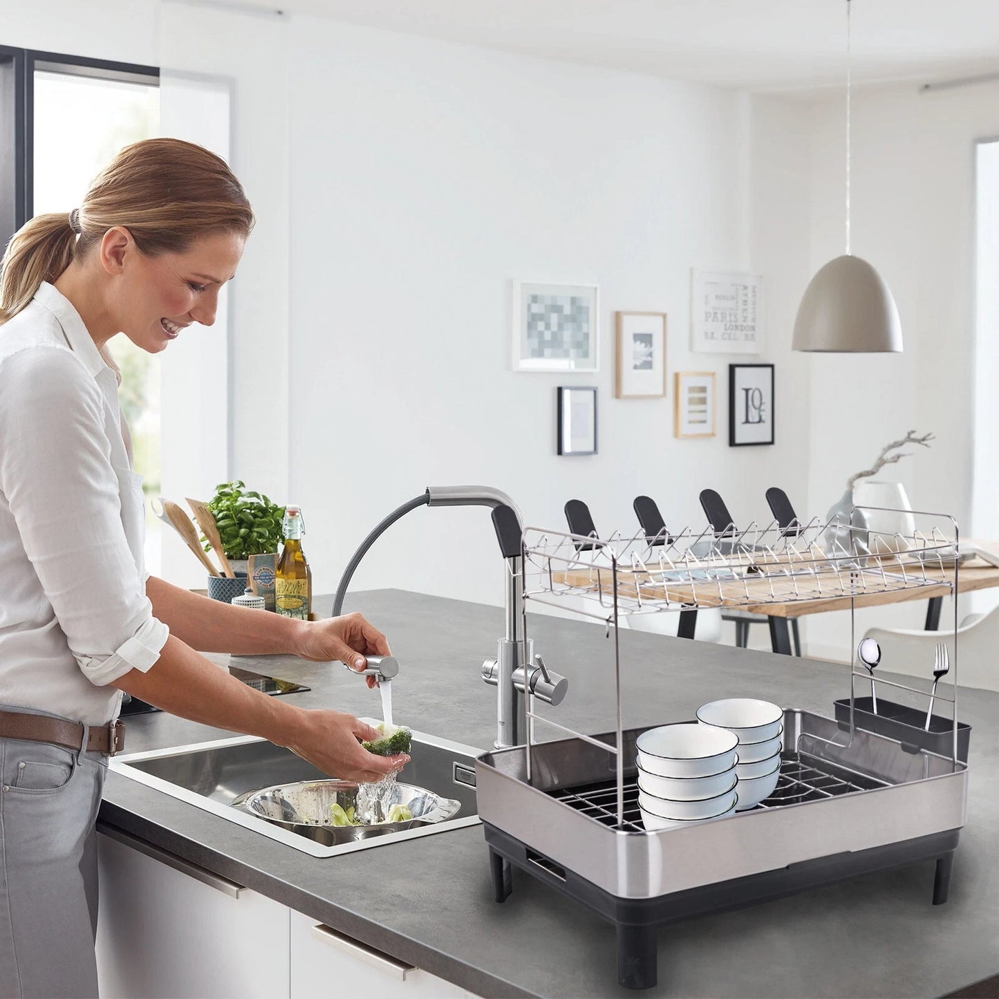 2-tier dish drying rack with draining board for plates bowls cups and kitchen utensil organization and drying-3