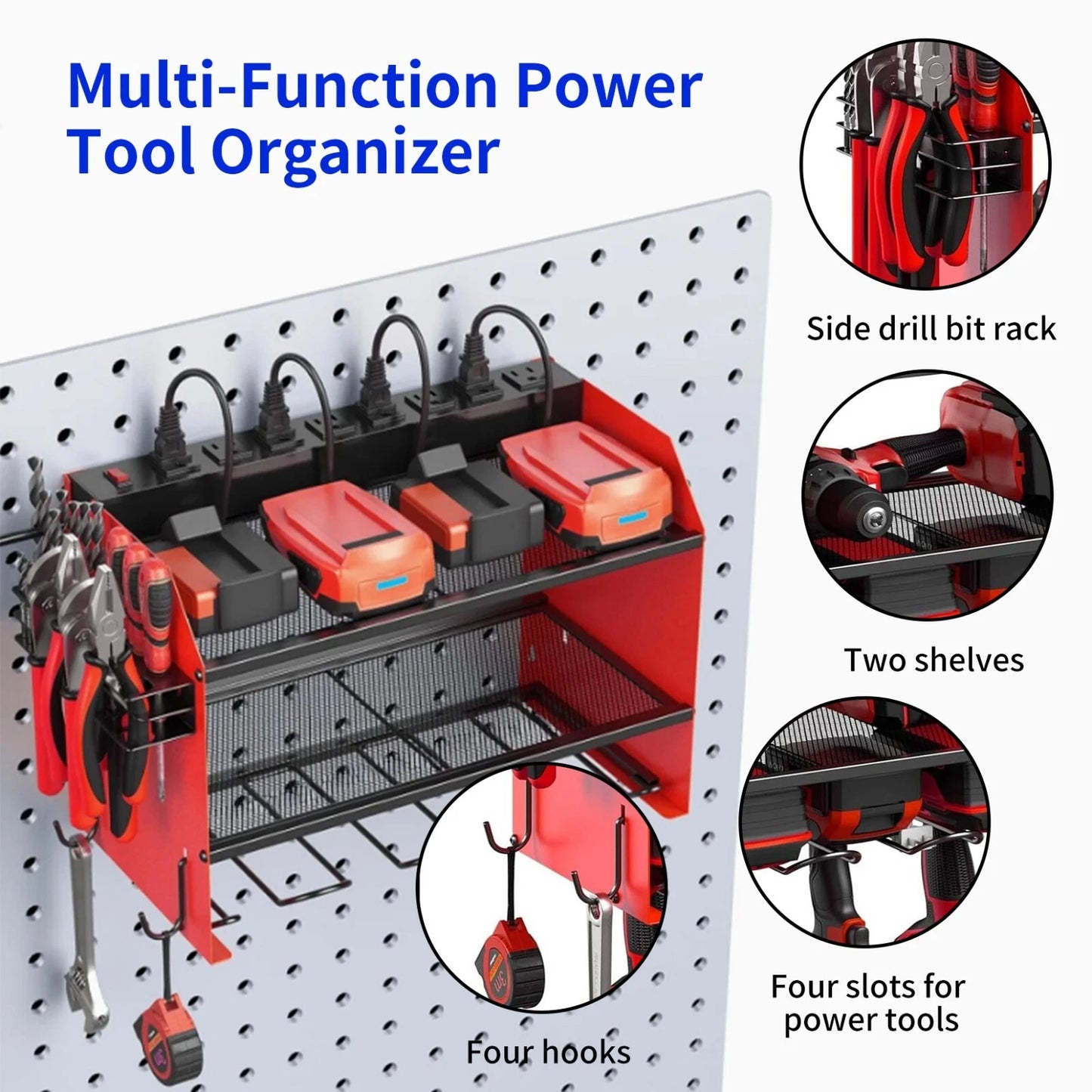 Heavy duty wall mounted power tool organizer rack with drill holders for garage and workshop storage system