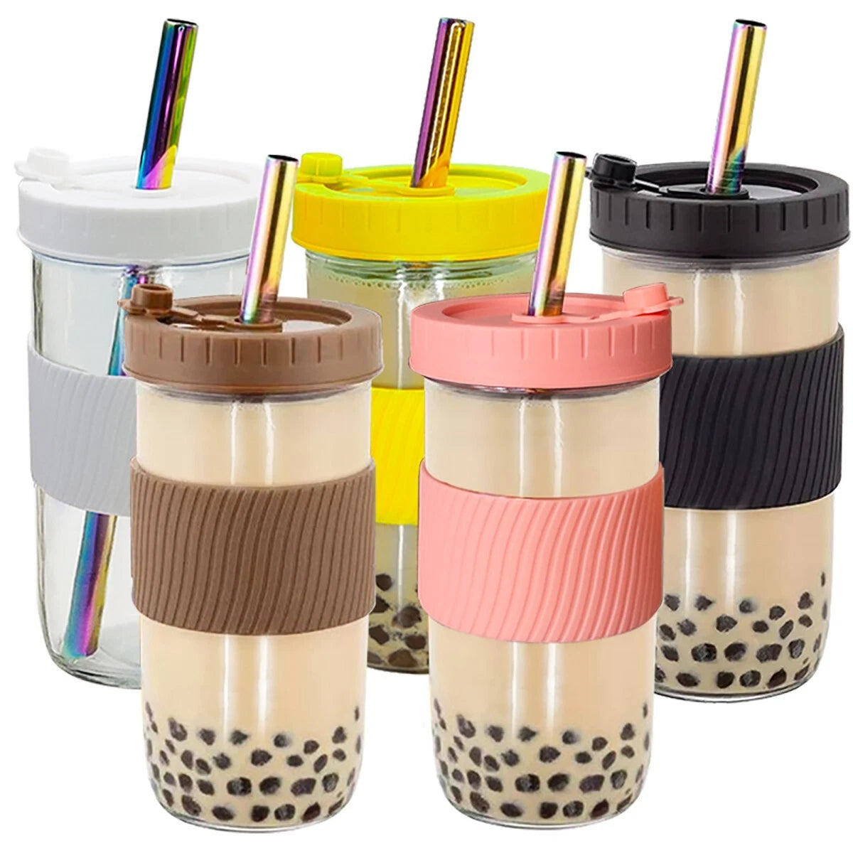 24oz wide mouth water cup set with lid and straw reusable mason jar style drink bottles for smoothies and iced drinks