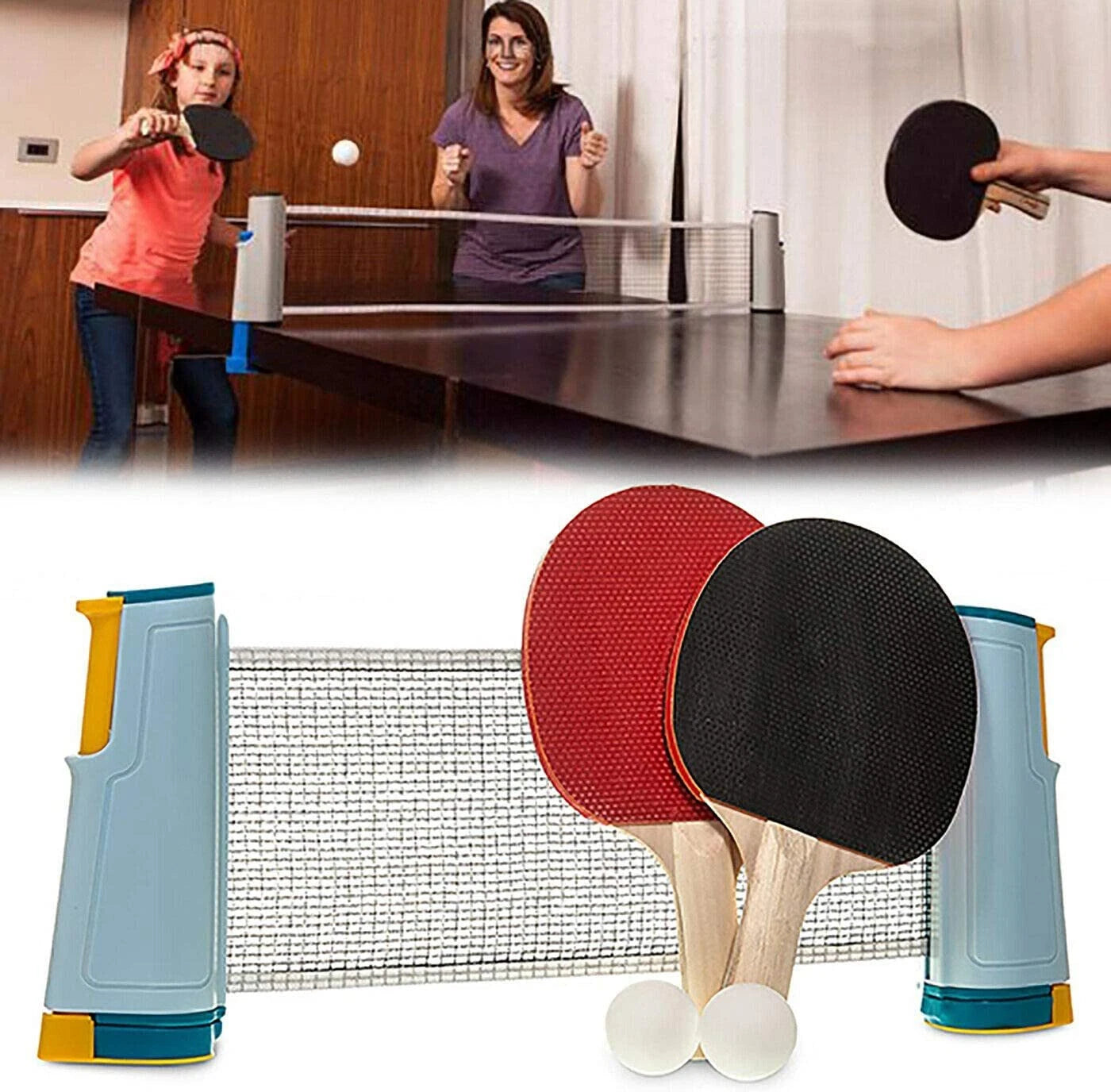 Portable indoor outdoor table tennis set with paddles and net for instant ping pong game-3