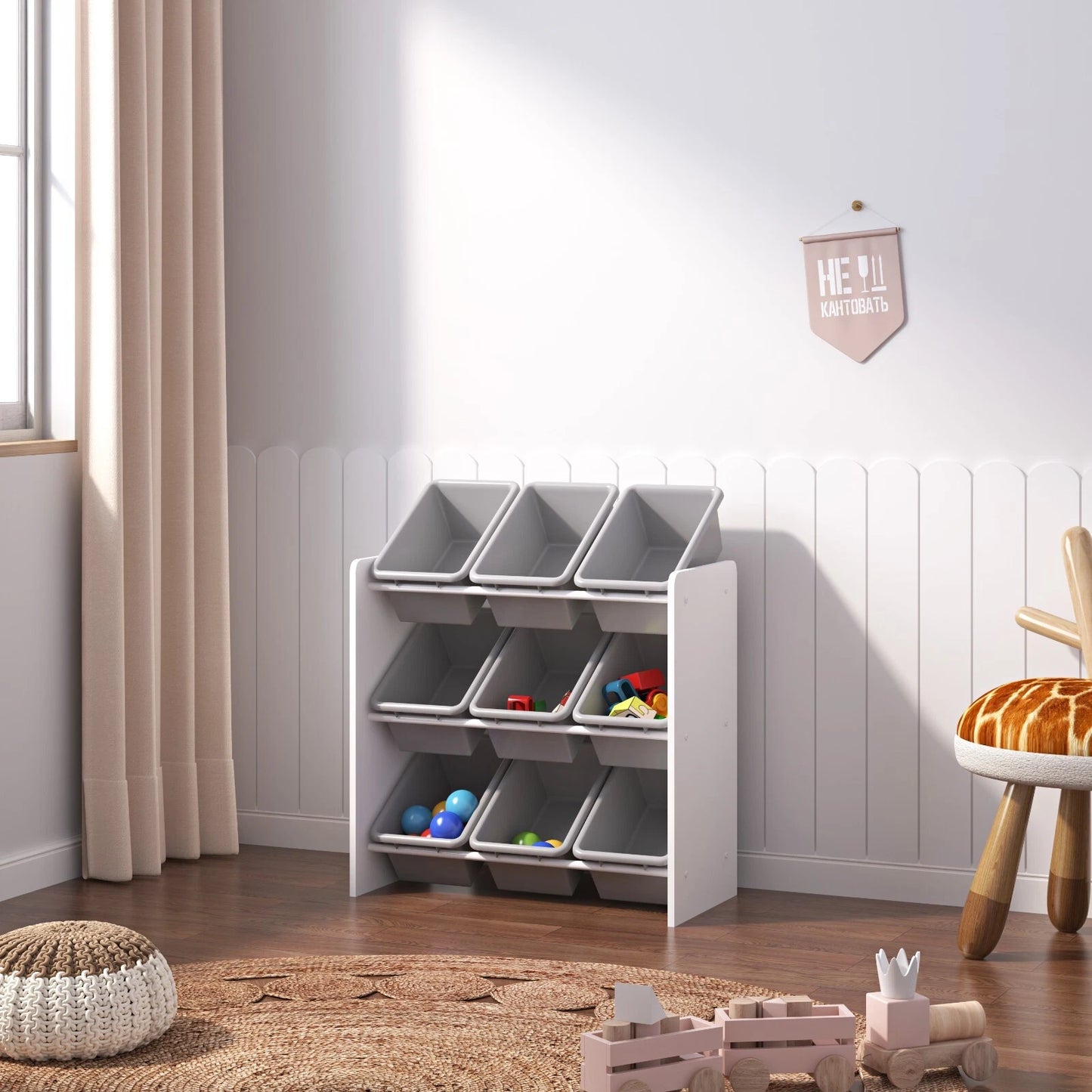 Children toy storage unit with 9 removable plastic bins and shelves for nursery and playroom organization-3