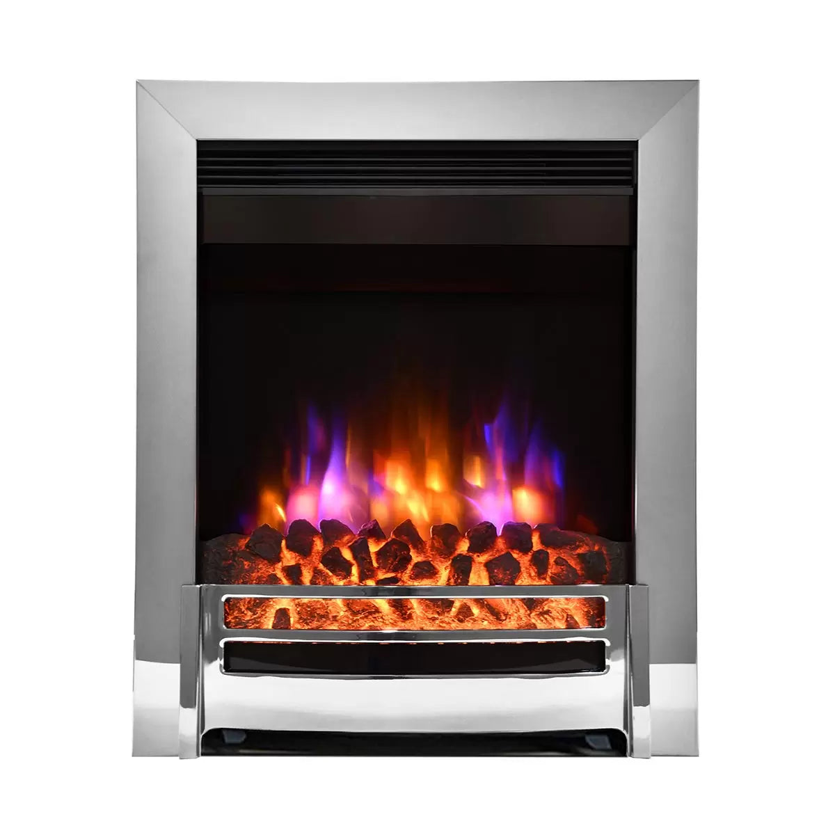 Flare Ember Inset Electric Fire in Chrome 2kW with realistic flame effect and modern chrome finish for home heating